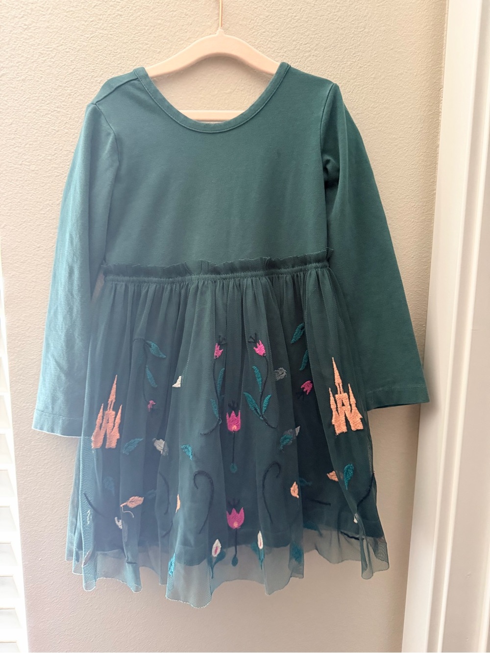 Hanna Andersson Teal Long-Sleeve Tulle Dress with Floral Embroidery